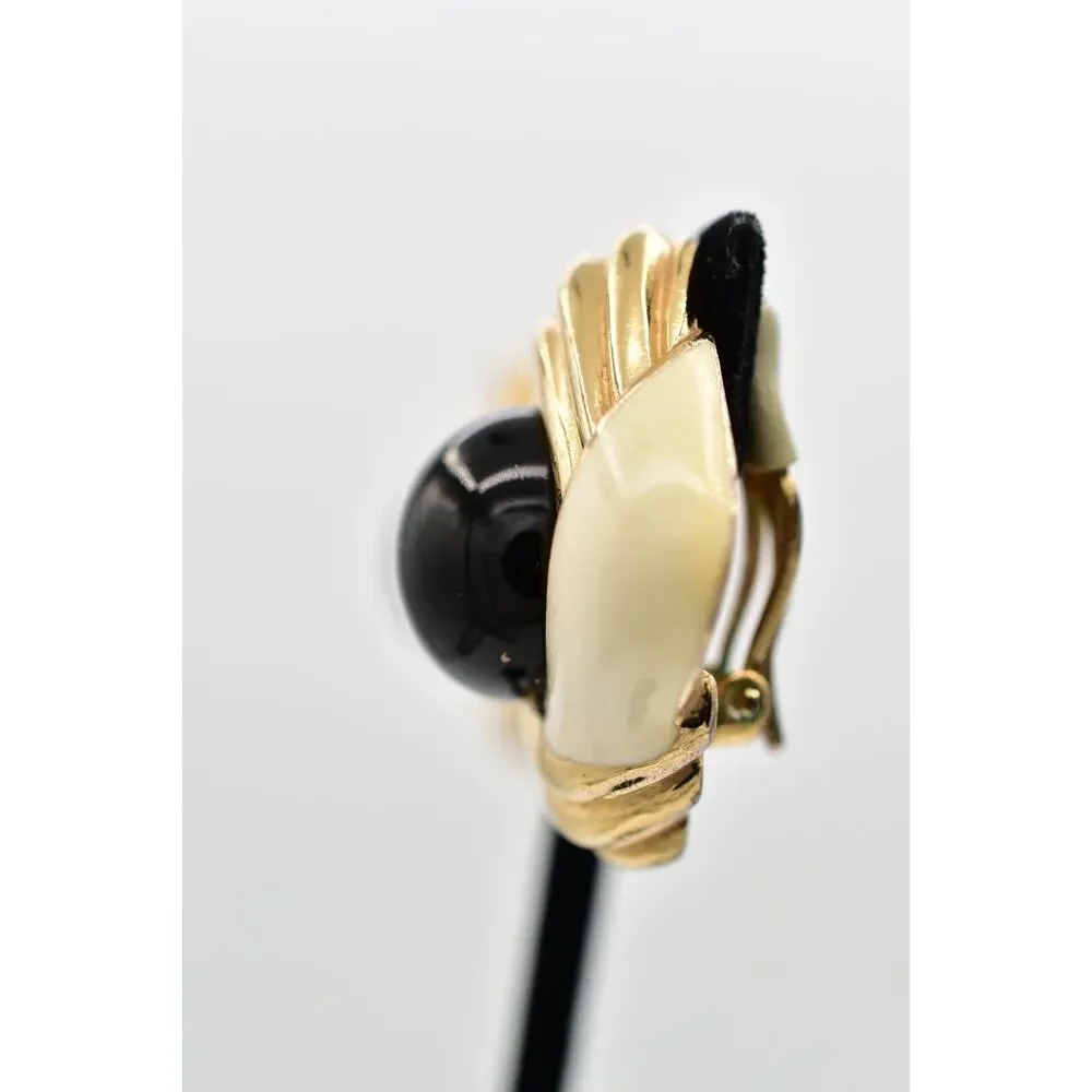 Ciner Vintage Cabochon Clip On Earrings Black Gold Heavy Chunky Signed 70s BinBB